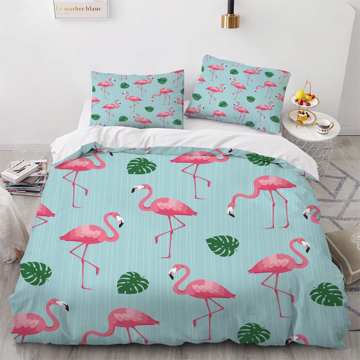 Housse de couette flamants fermeture éclair pour un lit facile à border