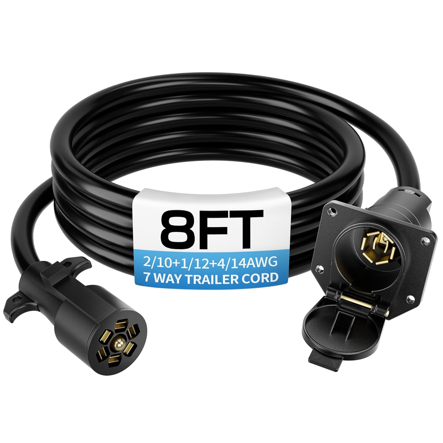 Deluwire 8 FT 7 Pin Trailer Wiring Harness, 7 Way Trailer Plug with Double Prong Terminals, 2/10+1/12+4/14AWG 7 Pin Trailer Extension for RVs