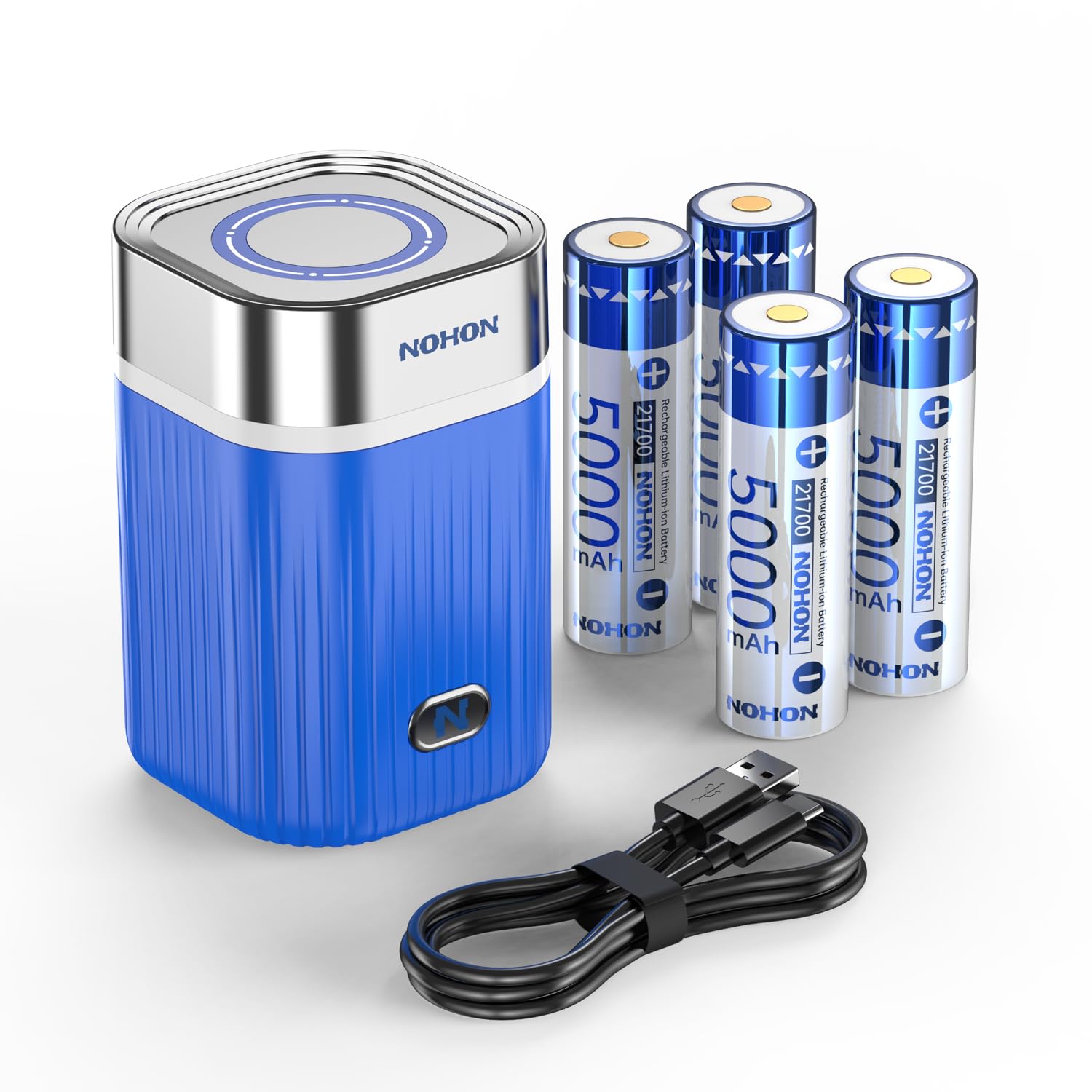 Caricabatterie 21700 Set di batterie agli ioni di litio a 4 alloggiamenti e 5000 mAh, stazione di ricarica rapida da 5 V/2,4 A, protezione di sicurezza a 9 strati, slot indipendenti con USB‑C, ideale