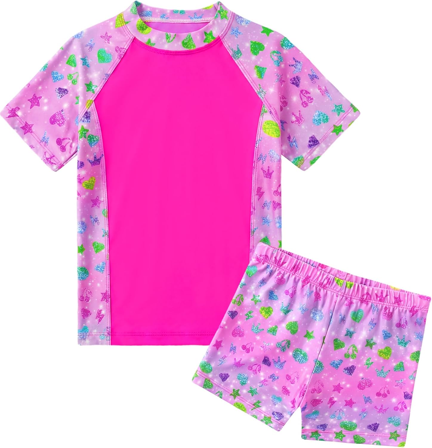Girls Swimsuit Colorful Short Sleeve Bathing Suits UPF 50+ Rash Guard Set Two Piece Summer Swimwear
