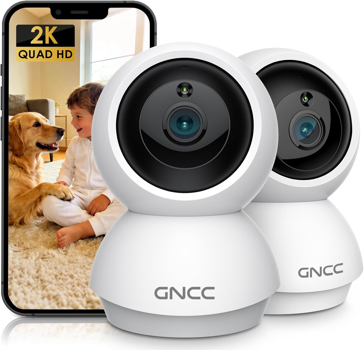 GNCC 2K Cameras for Home Security, Indoor Pan/Tilt Security Camera for Baby Monitor/Pet Camera, Motion Detection, Night Vision, 2-Way Audio, 24/7 SD Card Storage & Optional Cloud, 2.4/5GHz WiFi, 2 Pcs