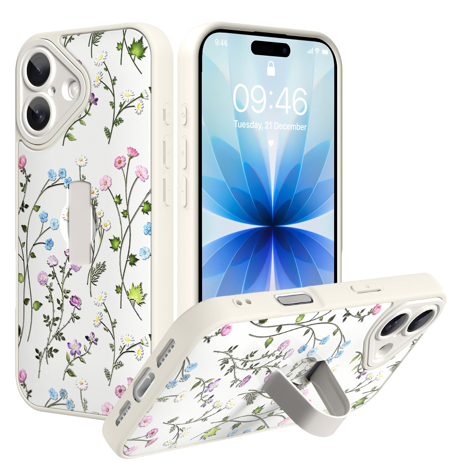 Coque florale 3D iPhone 17 avec dragonne antichoc verte
