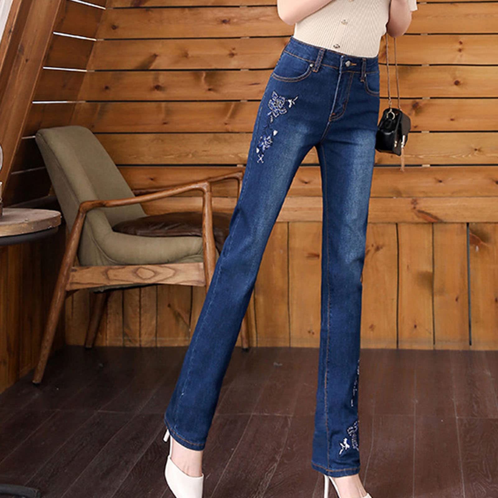 Women's High Waist Floral Embroidered Jeans Slim Fit Straight Leg Stretch Denim Pants Washed Skinny Slimming Jean (Dark Blue,32)
