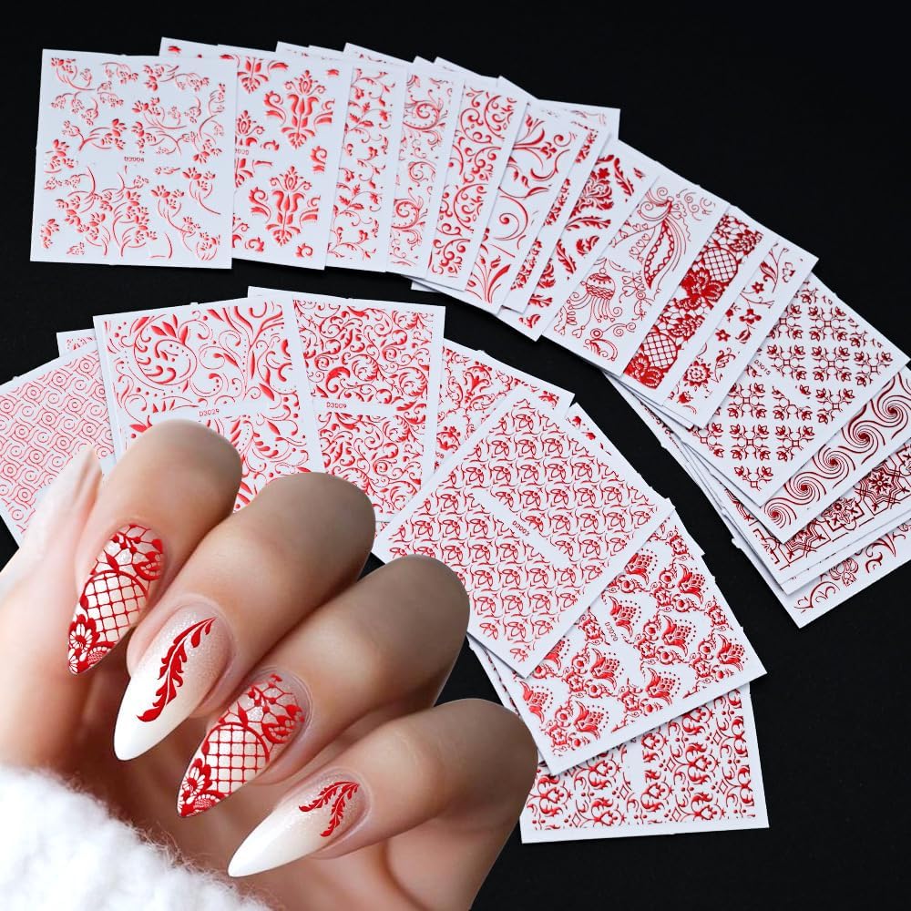Red Hollow Retro Floral Vine Nail Art Stickers Laser Silver Lace Design Nail Supplies 3D Self-Adhesive Nail Stickers for Women Girls DIY Manicure Slider Decorations 30 Sheets image 2