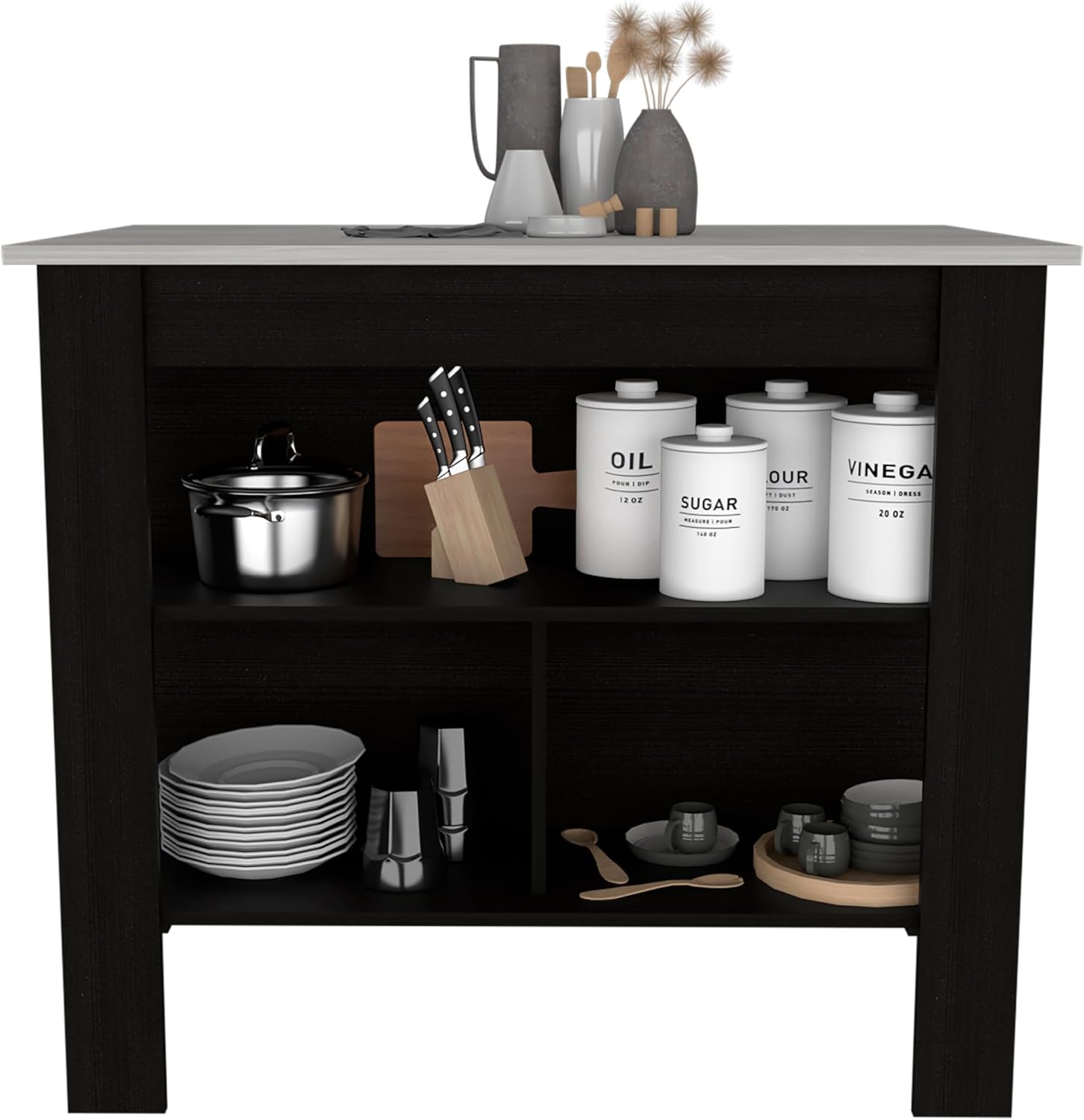 Tuhome Cala Kitchen Island, Three Open Shelves, Four-Leg Freestanding Design, Elegant Black Finish with Ibiza Marble Top, Compact Modern Kitchen Storage