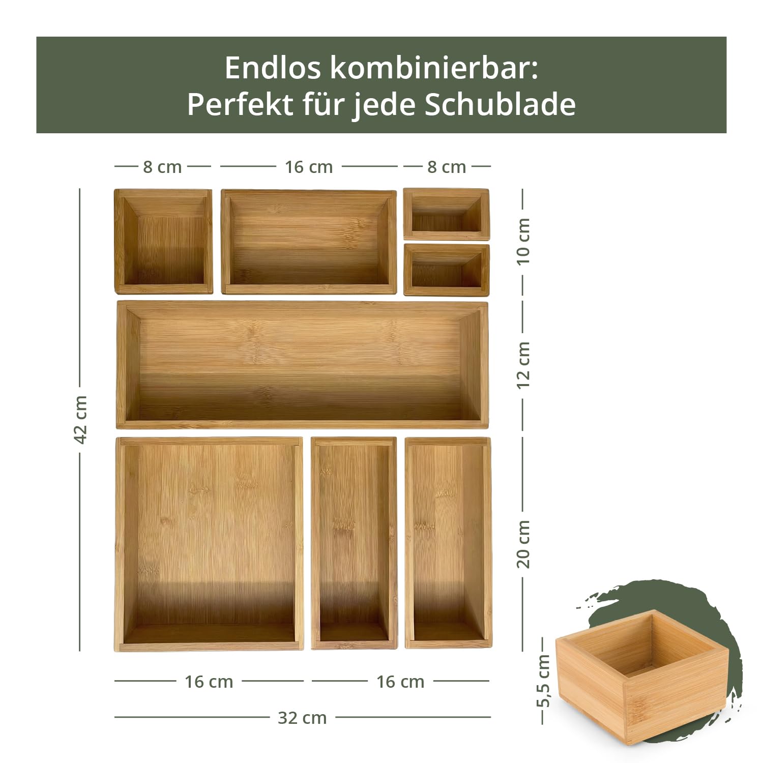 TAKE® 8-teiliges Schubladen Organizer aus 100% Natur Bambus - Boxen in vers. Größen für Küche, Bad & Büro, Schminktisch Organizer Bad, Drawer Organizer