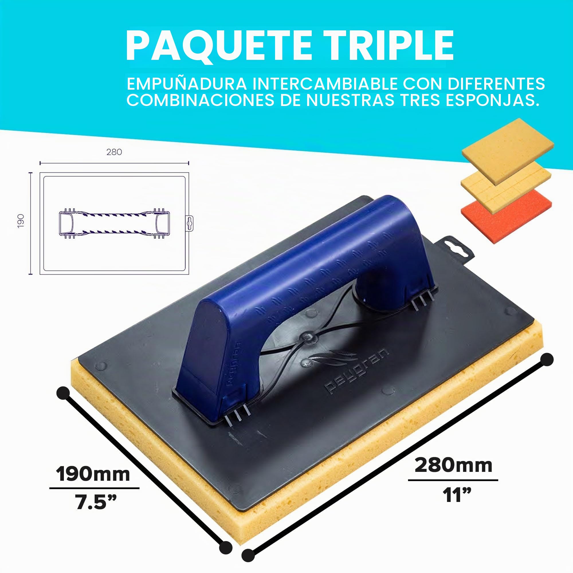 Peygran - Kit de limpieza: Cubo de 20 litros equipado con un sistema de rodillos que garantiza un drenaje máximo y más eficiente. Incluye talocha de rejuntado y talocha con tres esponjas diferentes.