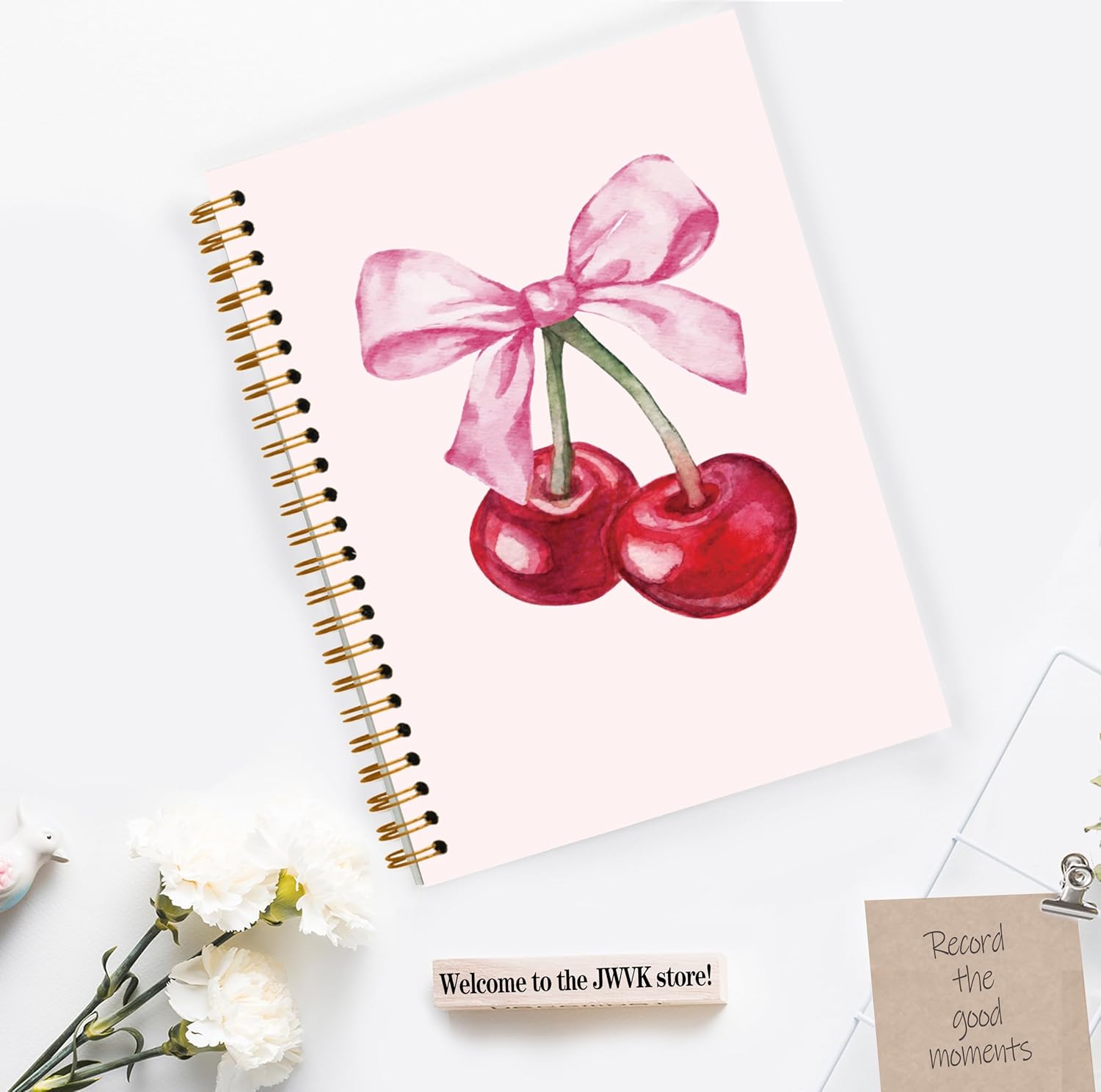 Coquette Pink Bow Cherry Notebook, Pink Girly Spiral Notebook 5.5x8.3, Preppy Aesthetic Journal for Women, Coquette Girly Office Supplies, Preppy Gifts for Women, Spiral Journal - Image 3