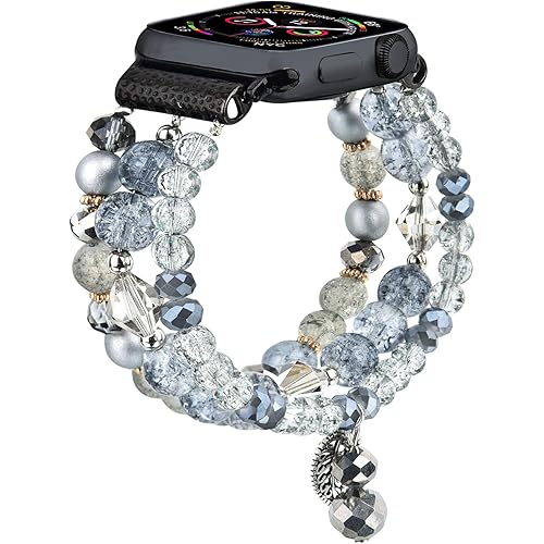 CAGOS Bracelet Compatible with Apple Watch Band 38mm 40mm 41mm Series 9/8/7/6/5/4/3/2/1/SE, Cute Dressy Boho Beaded Elastic Stretchy Pretty Strap Replacement for iWatch Bands Women, Gray