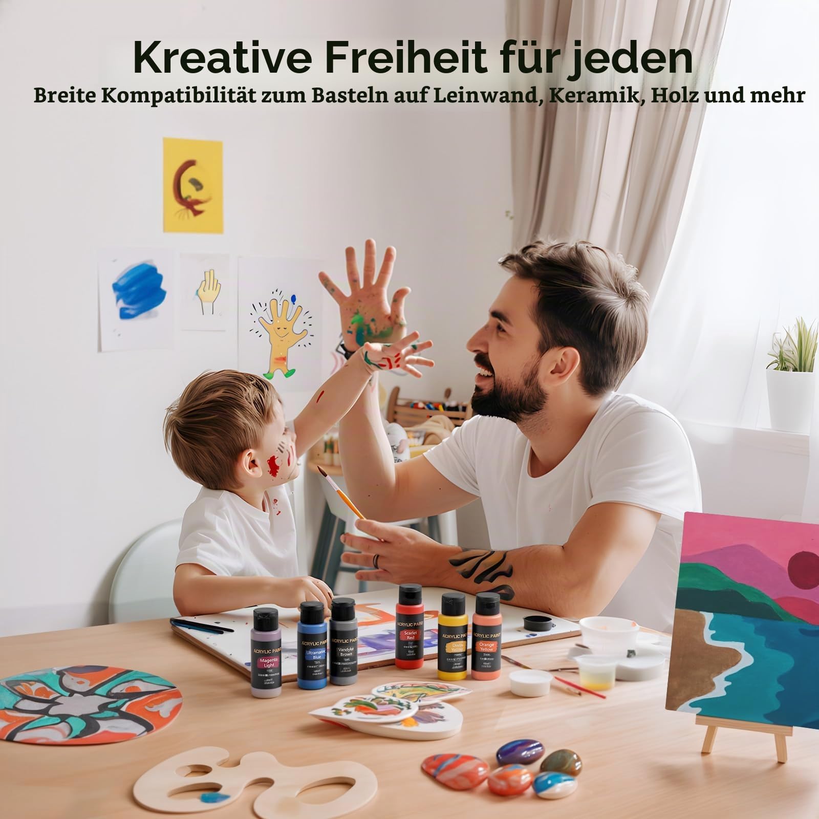 Acrylfarben Set, 24 Farben x 60 ml + 12 Pinsel, Acrylic Paint Set, Künstlerbedarf für Leinwand, Holz, Keramik, Stoffe, ungiftige Reiche Pigmente Acrylfarbe für Anfänger, Studenten, Profis, Künstler