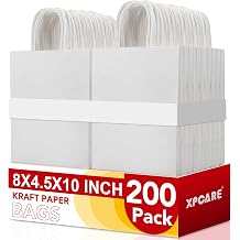 XPCARE 200Pack Paper Bags 8x4.5x10 Inch, Plain Medium Paper Bags with Handles Bulk, Kraft Paper Gift Bag, Retail, Party, Shopping, Favor Bag White