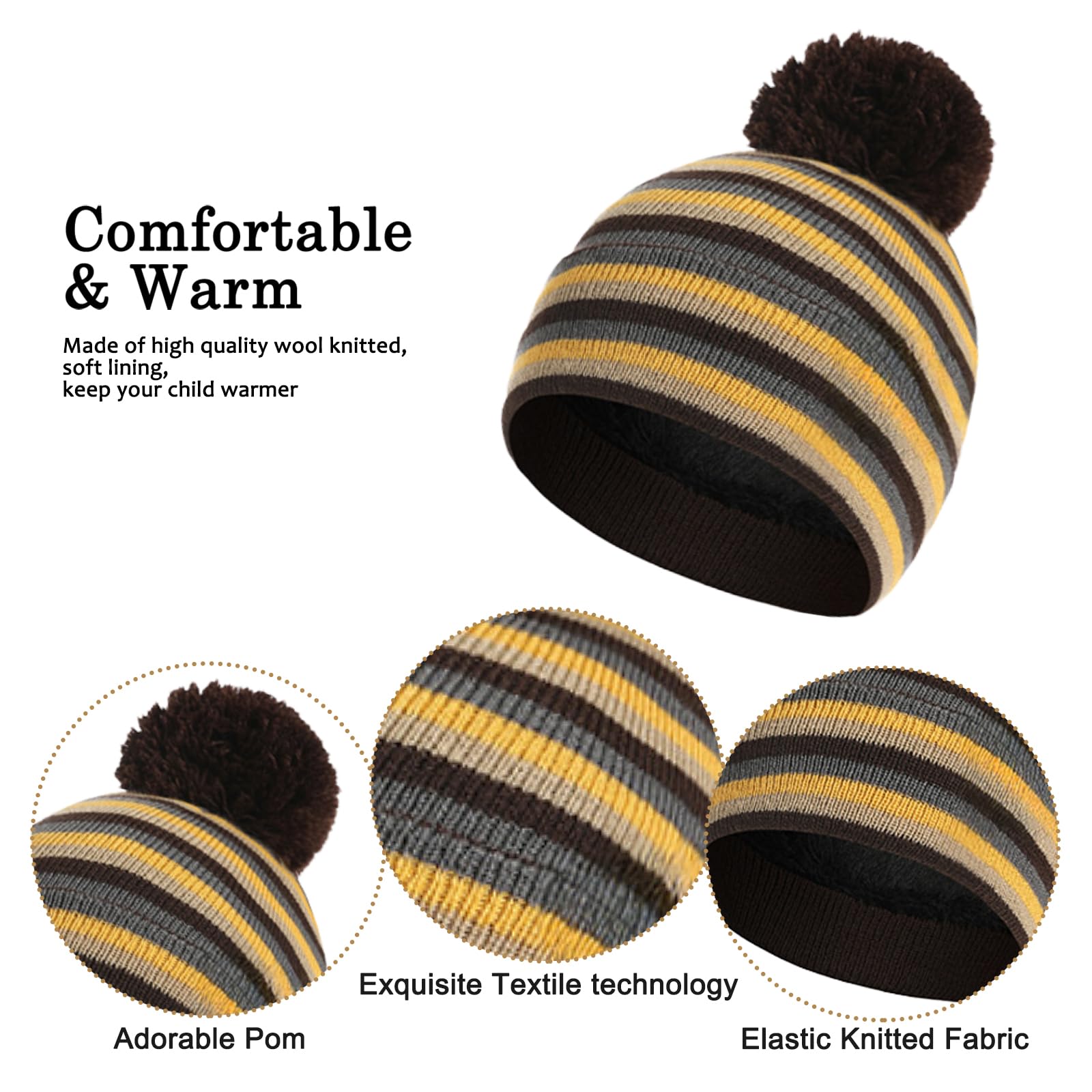 Enfant Bonnet Écharpe et Gants Ensemble Bonnets Tricotés avec Pompon Écharpe d'hiver Chaude Gants écharpe Bonnet Tricot Doublure Épaisse pour Fille Garçon 2-6Ans