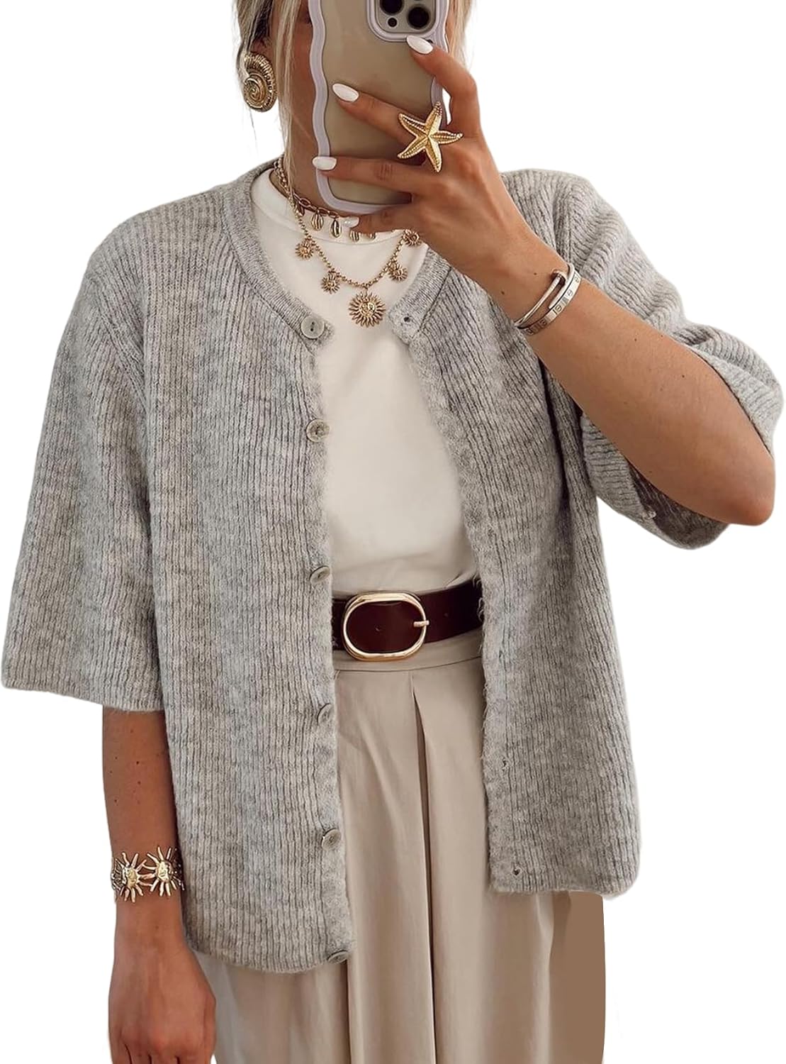 Arssm Women's Knitted Crop Cardigan Y2k Short Sleeve Button Down Cardigan Shirt Ribbed Knit Solid Color Lightweight Outwear