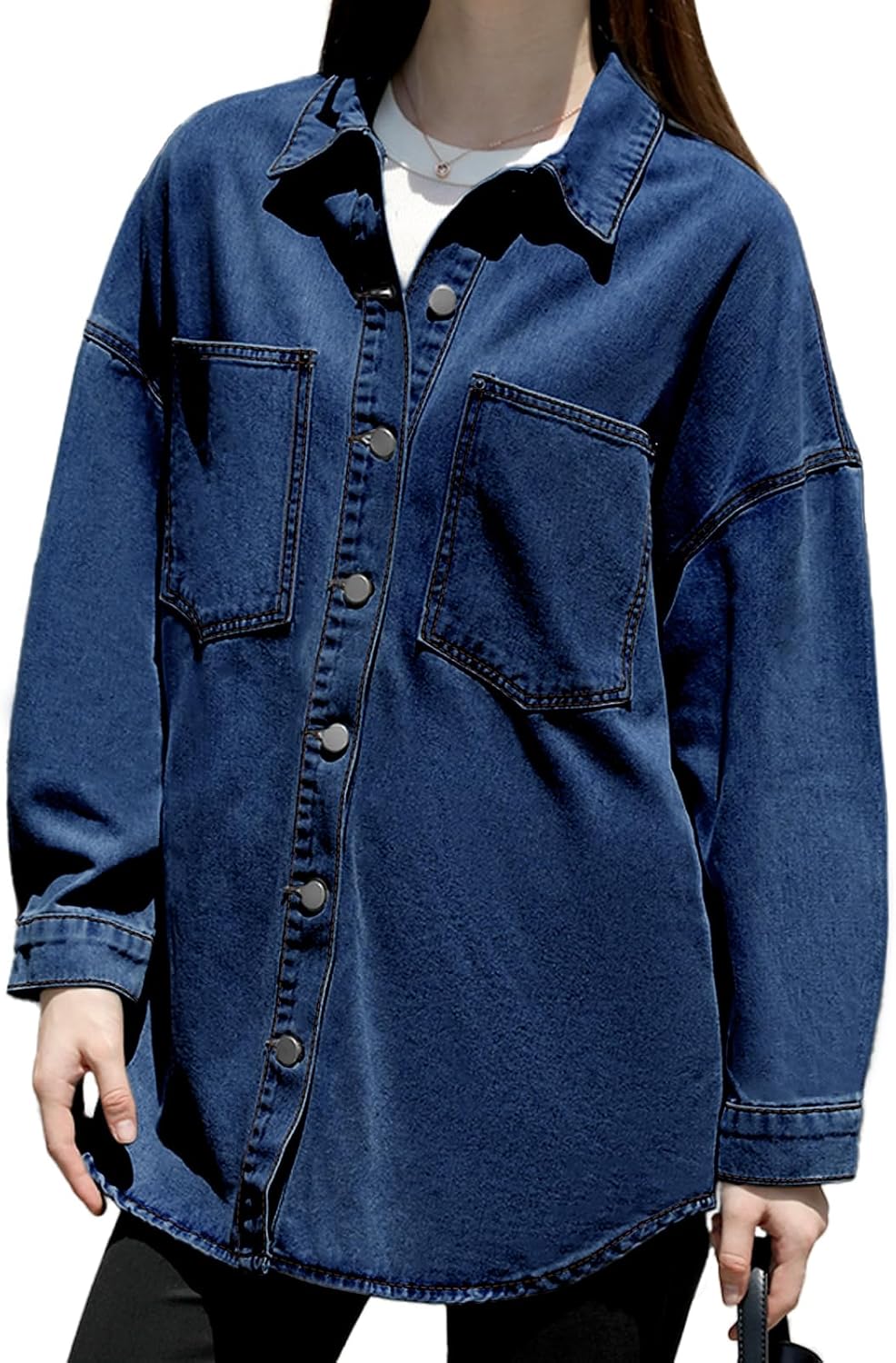 Womens Oversized Denim Shirt Light Blue Button Down Shacket with Pockets Casual Top - Image 5