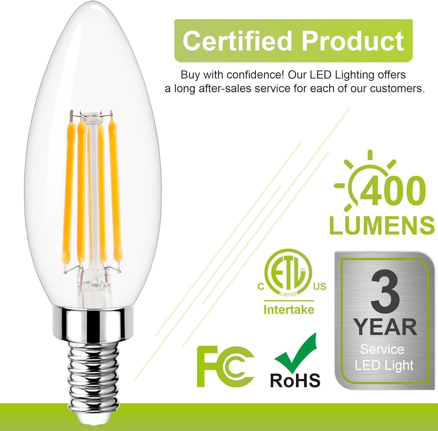 Dimmable Candelabra LED Light Bulb 40W Equivalent, E12 Chandelier Light Bulbs Warm White 3000K , 400LM, CRI 85+, B11 Type B Ceiling Fan Bulb 4W, Clear Filament Candle Light Bulbs Small Base, 10 Pack