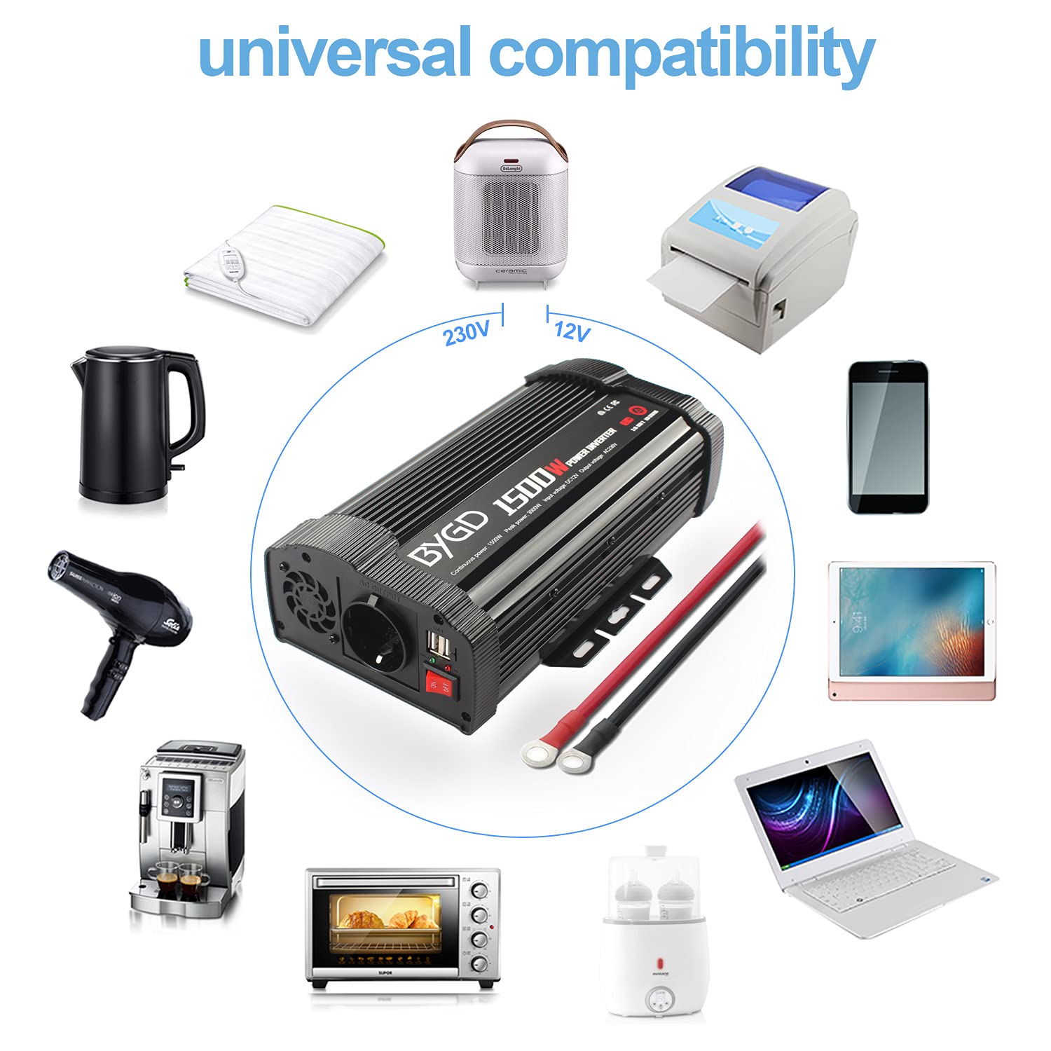 BYGD Inversor de Coche 1500W(Pico 3000W) 12V DC a 220V 230V AC convertidor con Adaptador de Cargador de Coche rápido USB Dual 3.1A para camión, de Camping, de Emergencia