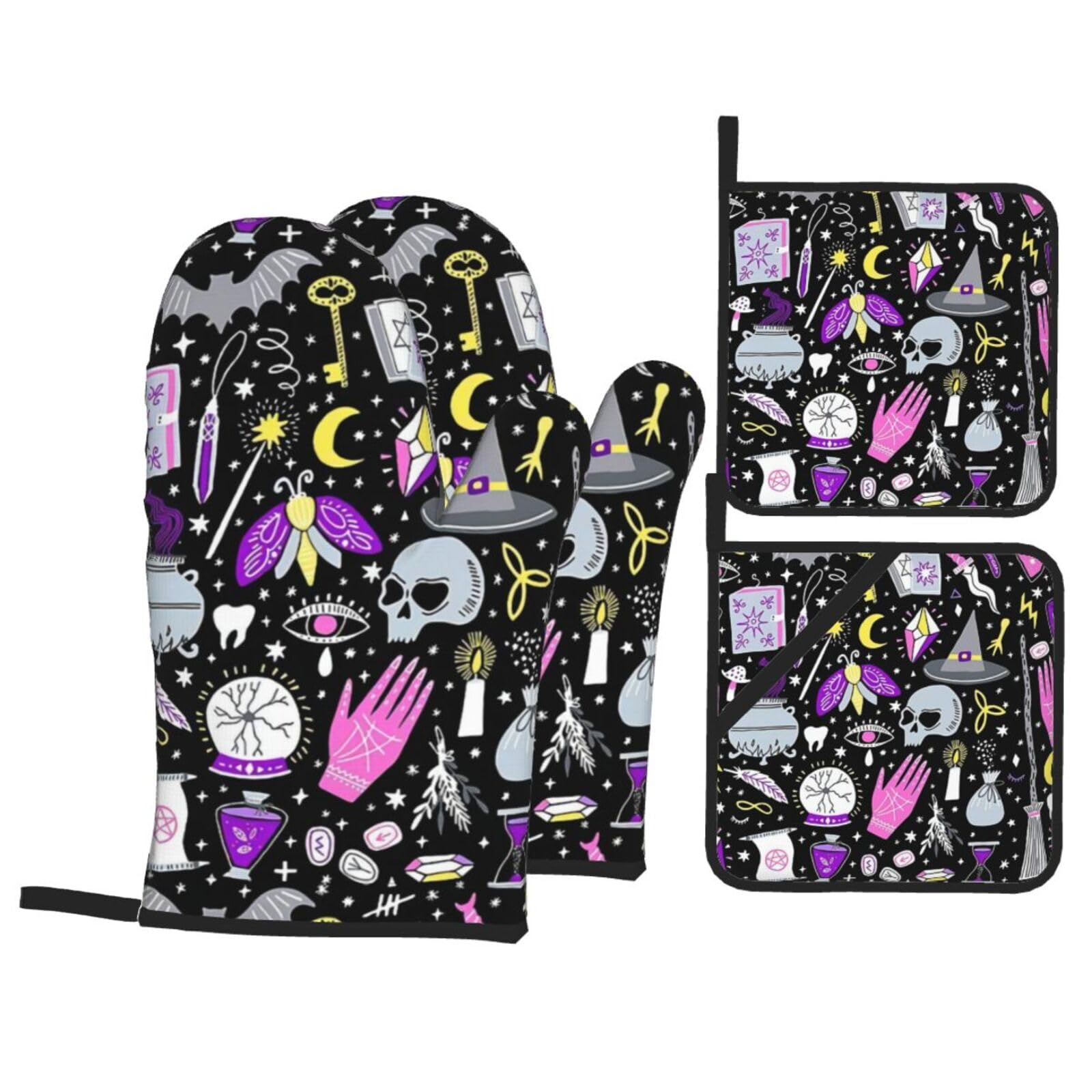 YYHHAOFA Magic Witch Witchcraft Bohemian Drawing Prints Kitchen Baking Set with Heat Resistant Pot Holders & Oven Mitts - Waterproof Layer for Hot Dishes, Grill & Microwave