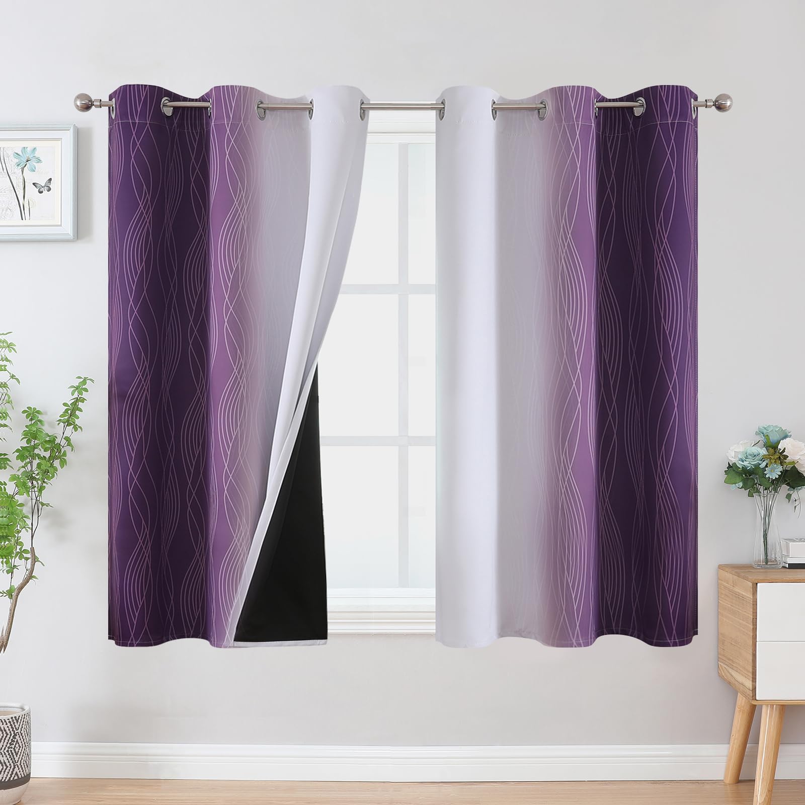 Estelar Textiler Purple and Greyish White Ombre Blackout Curtains 45 Inch Length 2 Panels, Full Room Darkening Gradient Drapes for Kitchen,Thermal