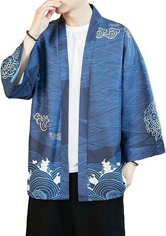 PRIJOUHE Mens Kimono Cardigan Jacket Japanese Style Flying Crane Seven Sleeves Open Front Coat