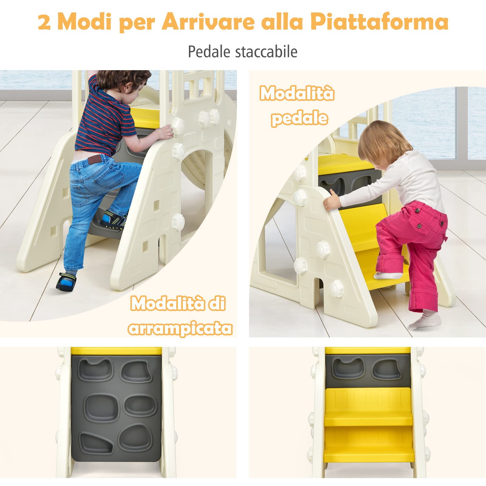 COSTWAY Scivolo per Bambini 6 in 1, Set da Gioco per Bambini con Canestro, Palla, Lancio dell'Anello e Cannocchiale, Ideale per Interni ed Esterni per Ragazzi e Ragazze, 189,5 x 83 x 98 cm (Giallo)