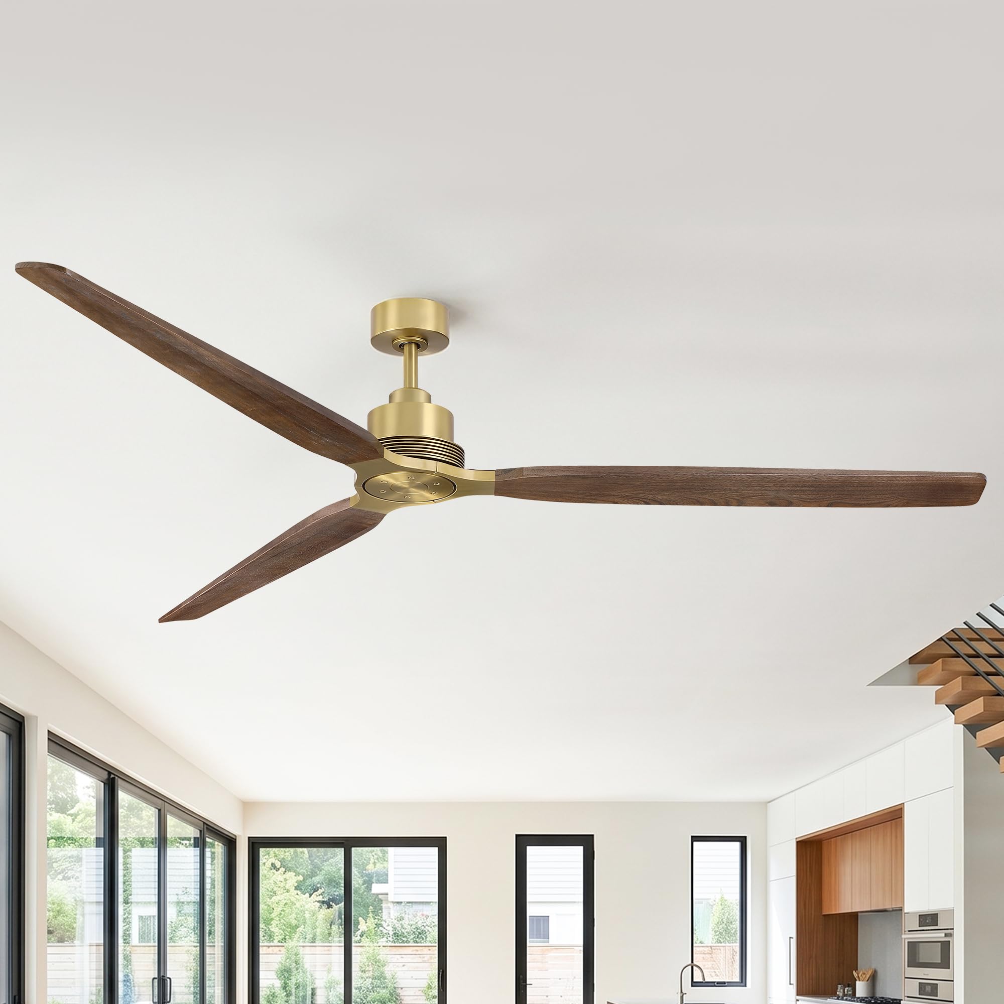 84 Inch Gold Brass Ceiling Fan No Light with Remote, 3 Wood Blades