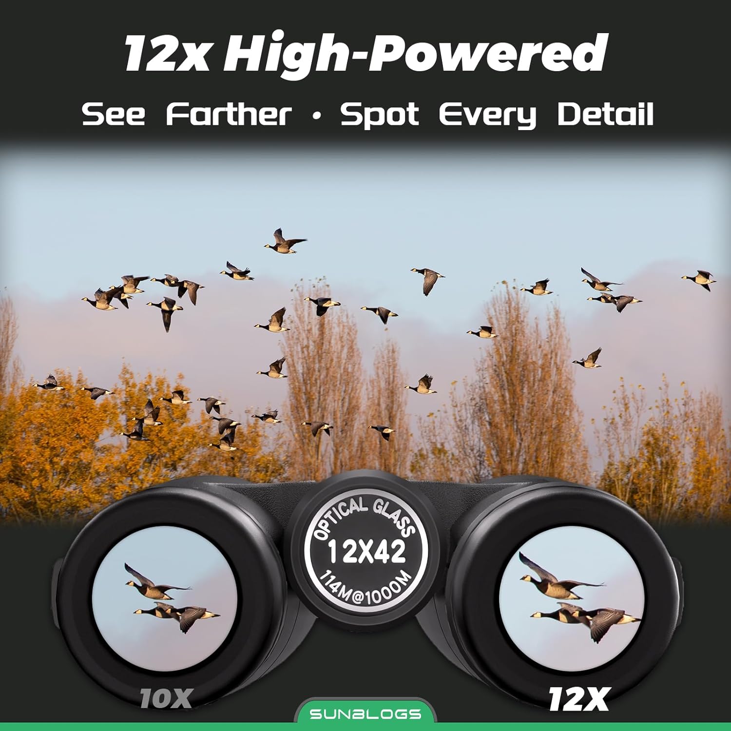 12x42 HD Binoculars for Adults High Powered - Waterproof BAK4 Prism Binoculars for Bird Watching, Hunting, Travel, Hiking & Opera - Super Bright Lightweight Binocular (Black) - Image 2