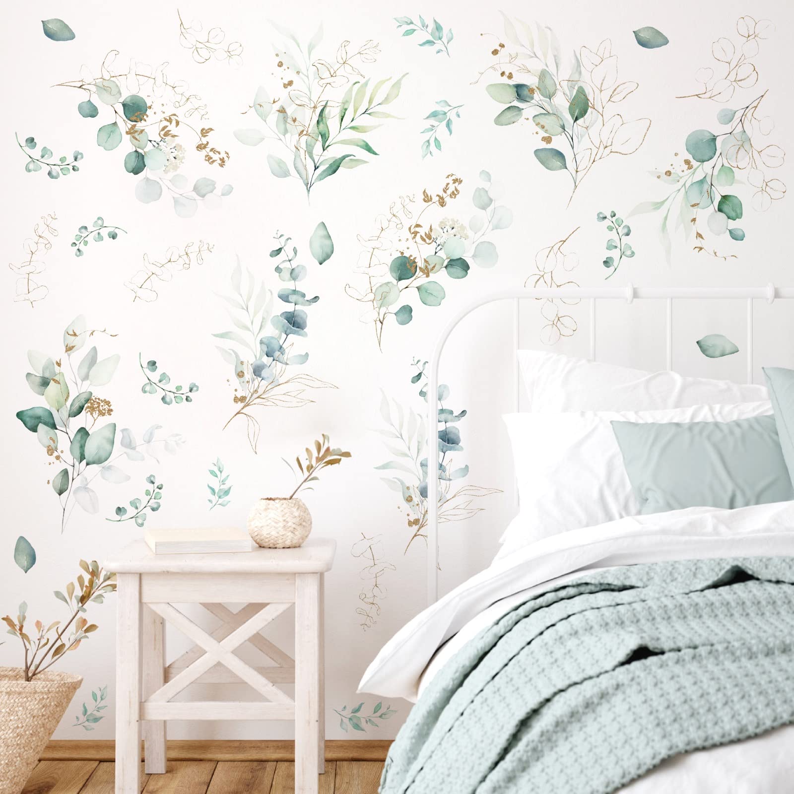 Green Leaves Wall Decals Modern Leaves Wall Stickers for Living Room Gold Leaf Wall Decals Peel and Stick Botanical Plant Wall Art Sticker Eucalyptus Leaf Wallpaper for Bedroom Kitchen Kids Room Decor