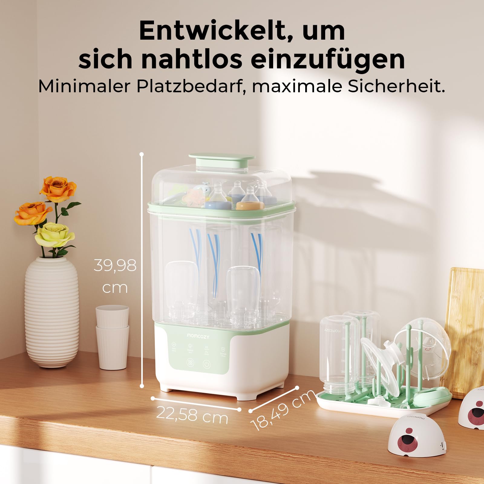 Momcozy Dampfsterilisator und Trockner für Babyflaschen | 4-in-1 kompakte Flaschensterilisator mit Trocknerfunktion | 6 Flaschen, 8 Min Schnellsterilisation, BPA-frei | Für Milchpumpe Zubehör