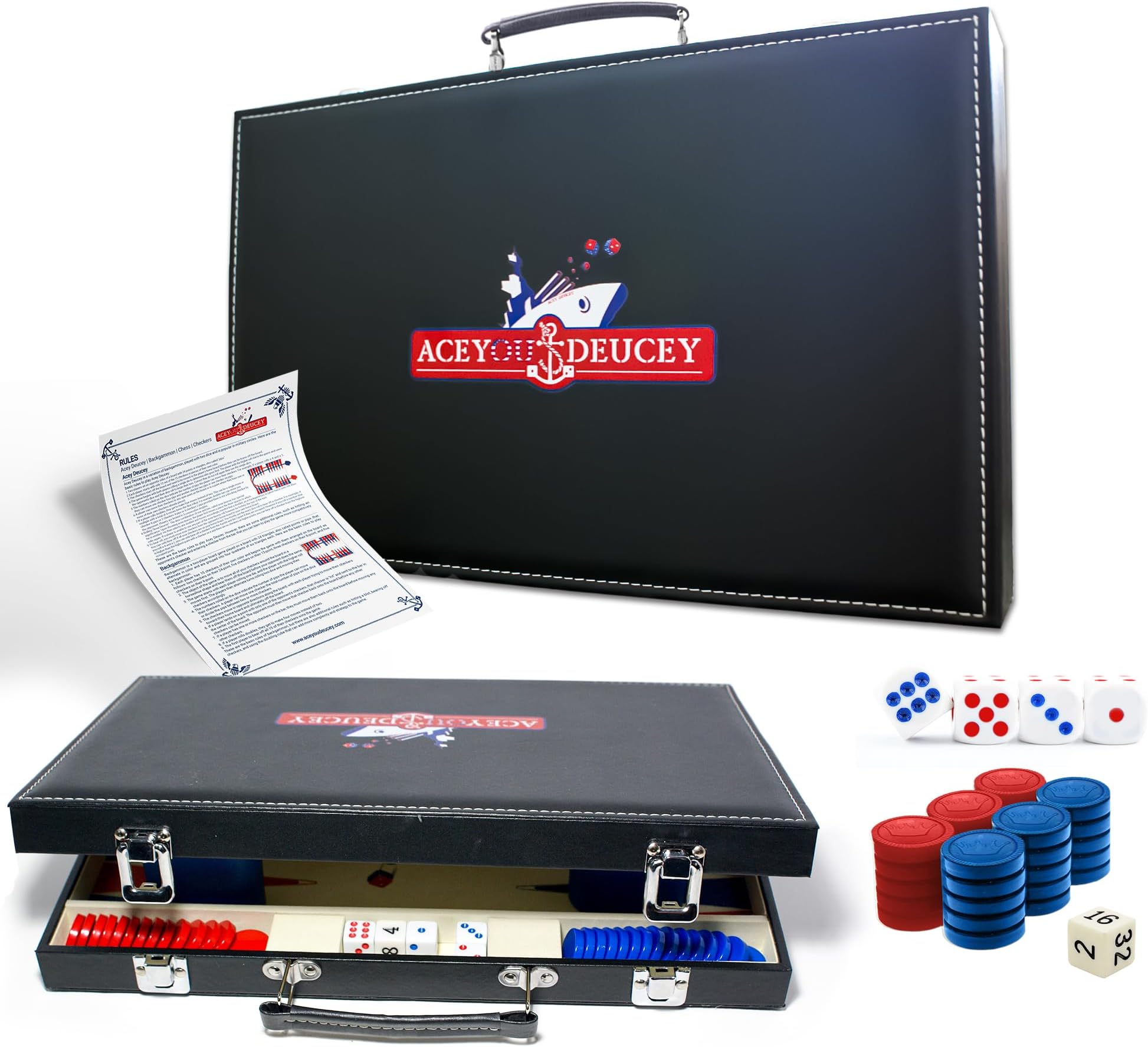 Backgammon Sets for Adults -15 Inch Medium, Faux Leather Travel Backgammon Board with Special Dice, 2 in 1 Backgammon & Acey Deucey Game for Kids & Adults- Ideal for Gift and Family Fun