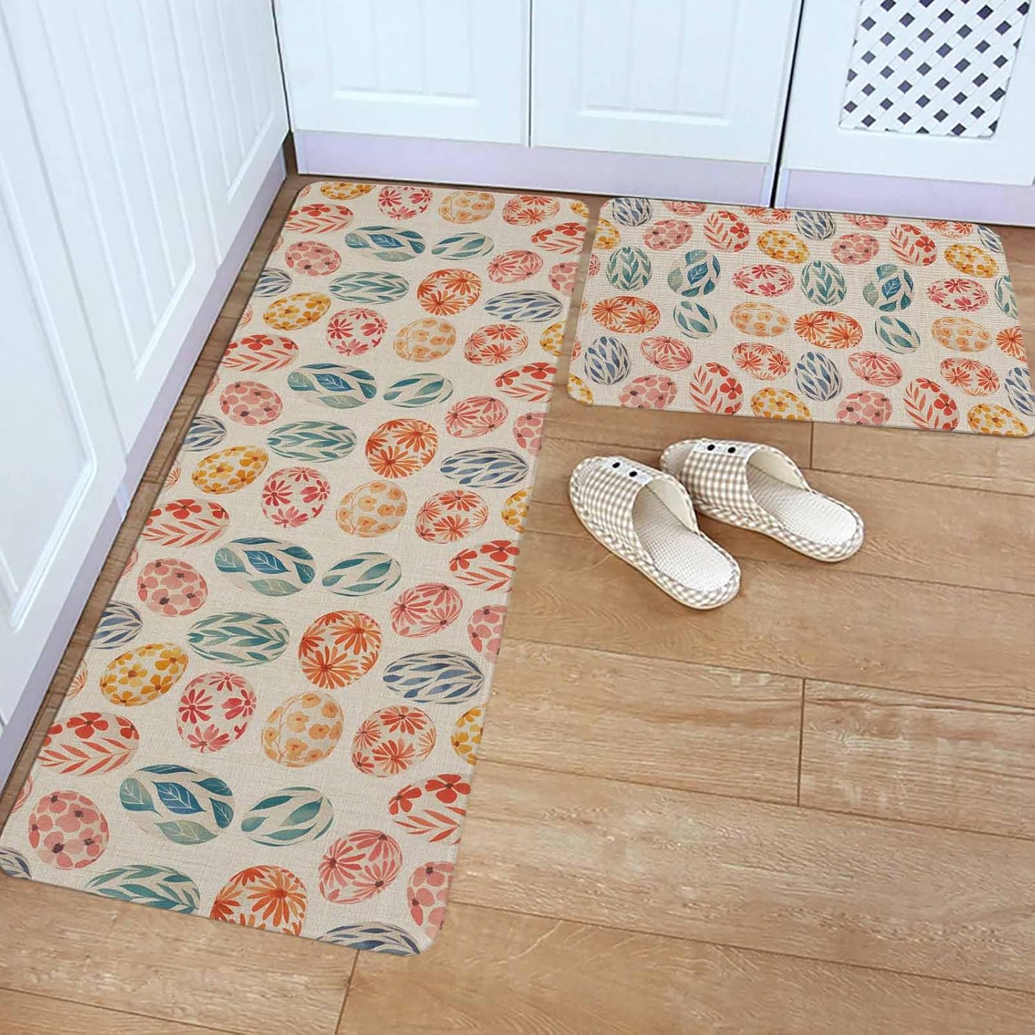 Easter Kitchen Rugs and Mats Set of 2, Non-Slip Kitchen Sink Mat, Country Spring Watercolor Leaves Floral Eggs Washable Doormat Bathroom Rugs Runner for Bedroom/Living Room 15.7"x23.6"+15.7"x47.2"