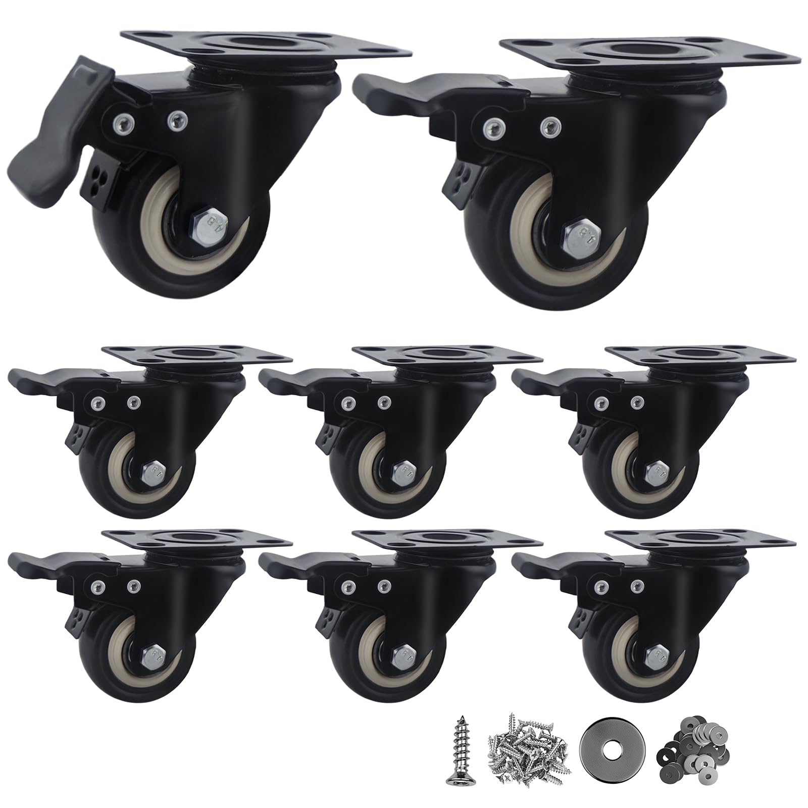 2 Inch Caster Wheels Set of 8, Heavy Duty Casters,with Brake,No Noise Locking Polyurethane (PU) Wheels, for Furniture and Workbench Load 800lbs