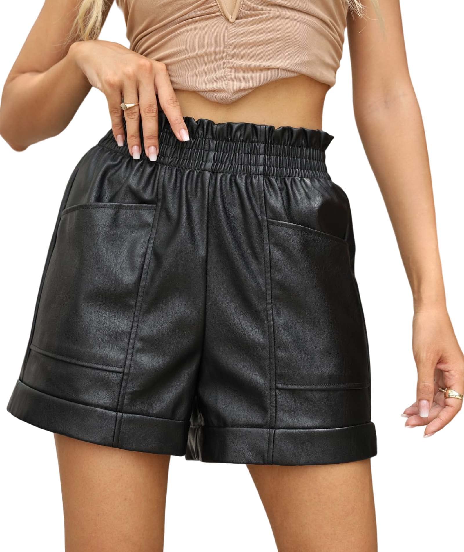 Bellivera Women Faux Leather High Waist Stretch Shorts Fall Winter Casual Slim Spring Short with Pockets 254 Black L
