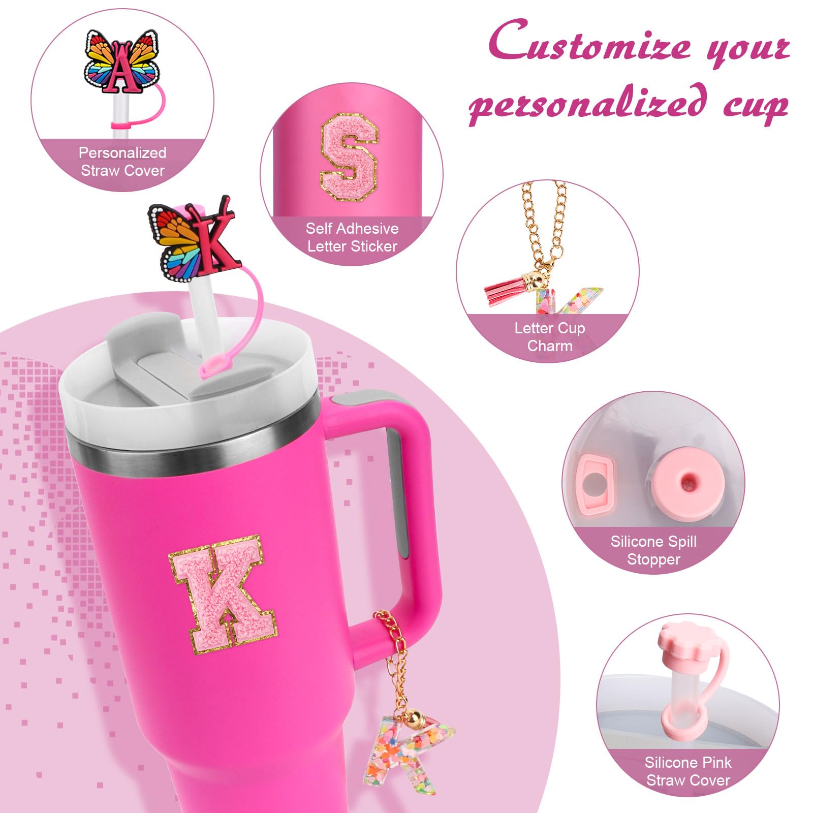 Set Accessori Stanley Cup 1,18L – Copricannucce Con Targhette Nome – Lettere E Ciondoli – Silicone E Acrilico