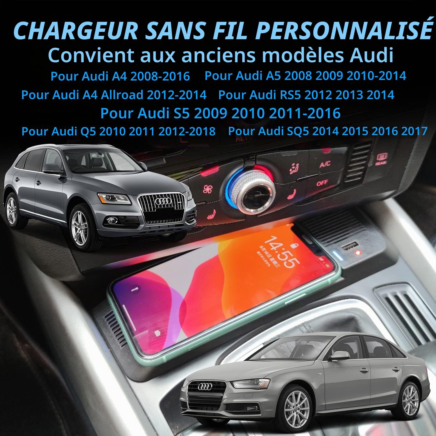 Chargeur sans Fil Voiture pour Audi Q5 SQ5 A5 S5 RS5 A4 Allroad, 15W Chargeur de Téléphone à Charge Rapide pour Audi A4 2008-2016 A5/S5 2008-2016 RS5 2012-2014 Q5/SQ5 2010-2018 Accessoire