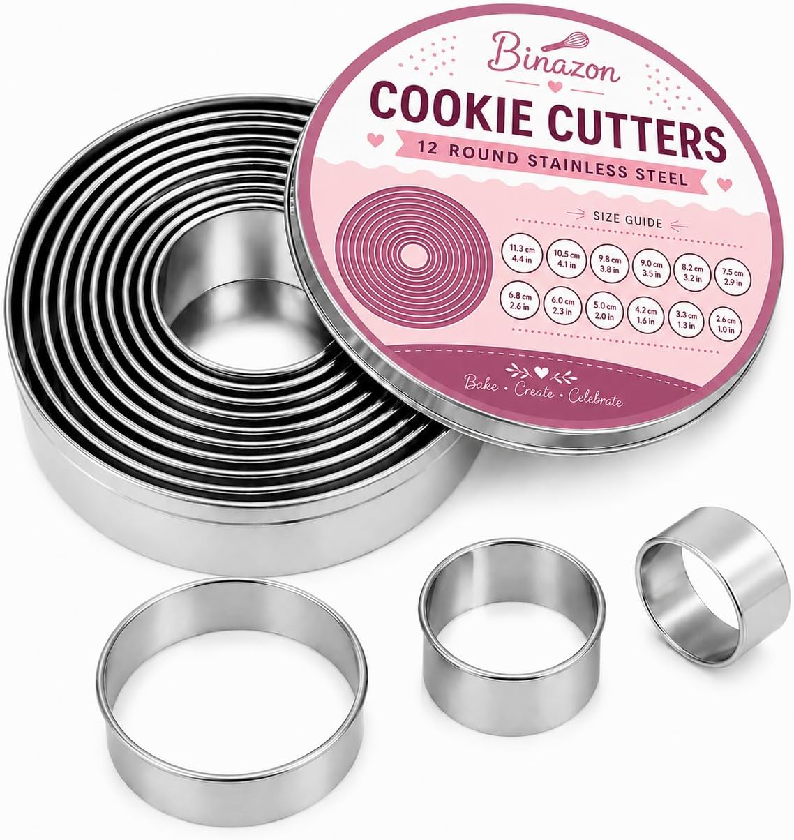 12-Piece Round Cookie Cutter Set, Stainless Steel Circle Biscuit Cutters with Storage Tin, Dishwasher Safe Pastry Cutters and Donut Ring Molds, Green Classic Tin Design