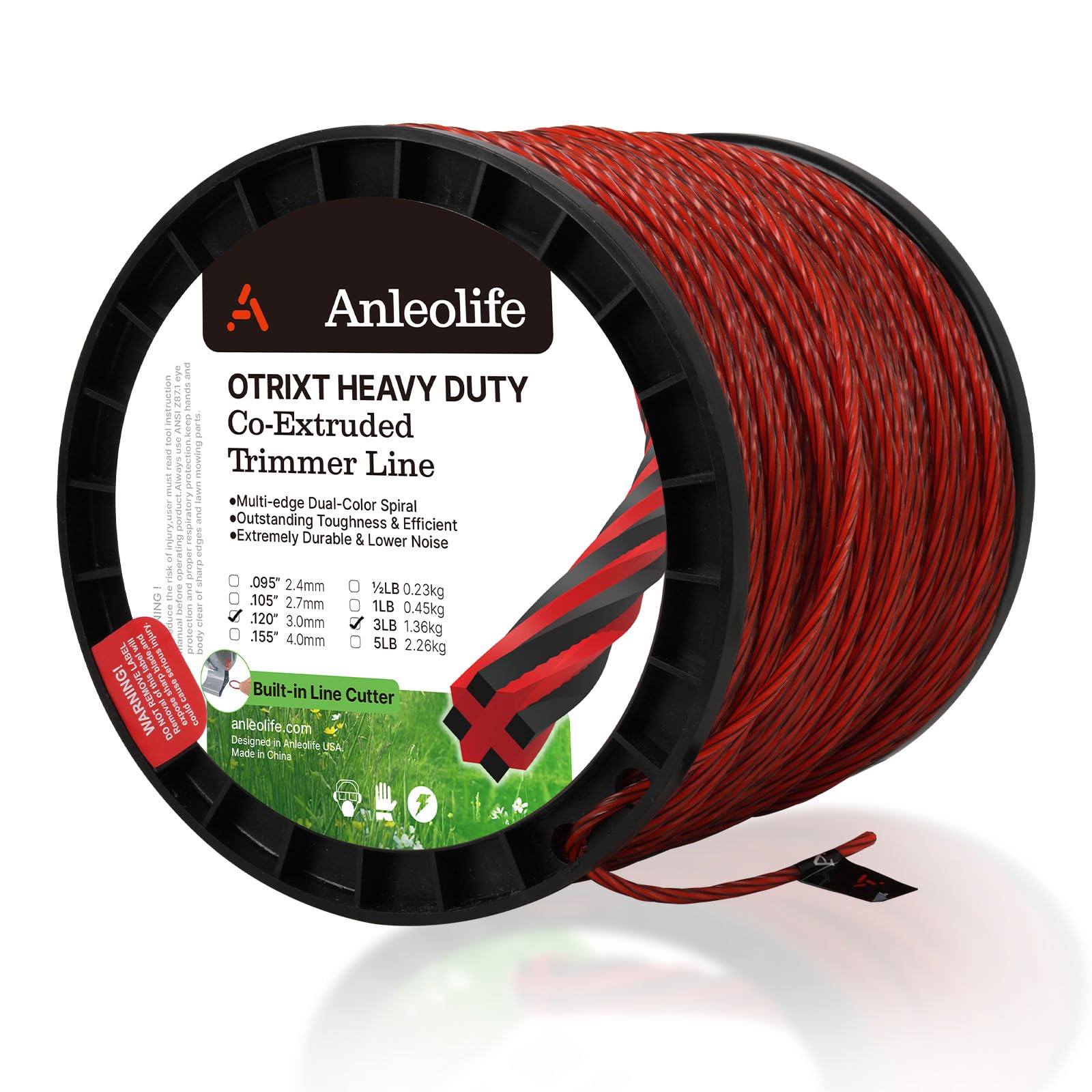Photo 1 of A ANLEOLIFE 3-Pound Heavy Duty Octa-Twist .120-Inch-by-656-ft Trimmer Line Spool,OTRIXT Co-Extruded Multi-Edge Spiral Weed Eater String, Red