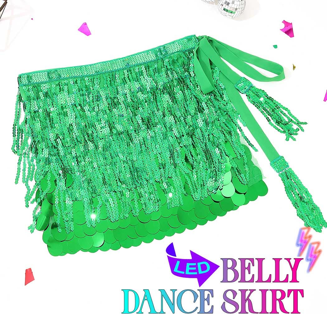 TWINKLEDE Sparkly Fringe Sequin Skirt Belly Dance Rave Costume Hip Scarf for Women (US, Alpha, Medium, Regular, Short, Green)