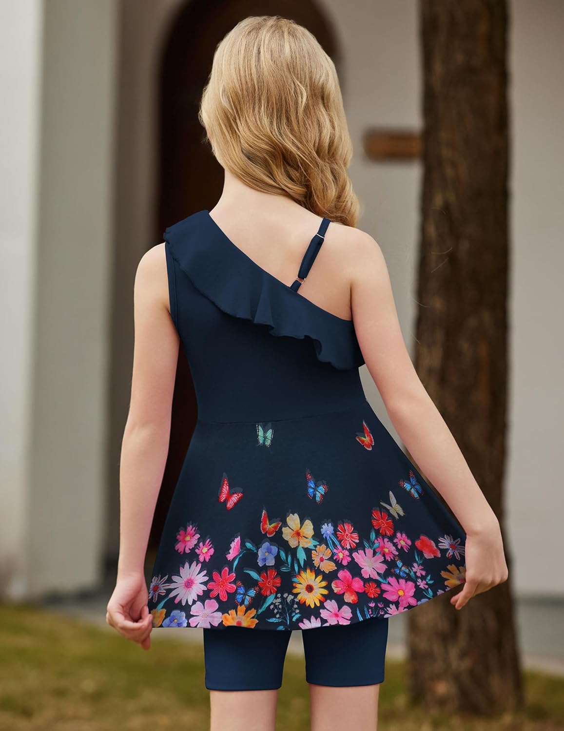 Arshiner Girls Clothes Summer 2 Piece Outfits Adjustable One Shoulder Ruffle Trim Top and Biker Short Sets 6-14 Years - Image 2