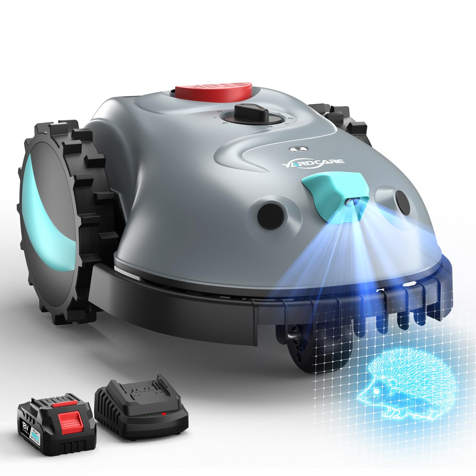 YARDCARE V100 Robot Tondeuse sans Fil Périphérique avec Navigation Visuelle, Coupe en Spirale, Détection d'obstacles 150, Robot Tondeuse Gazon avec Batterie(4Ah), Lames de Rechange
