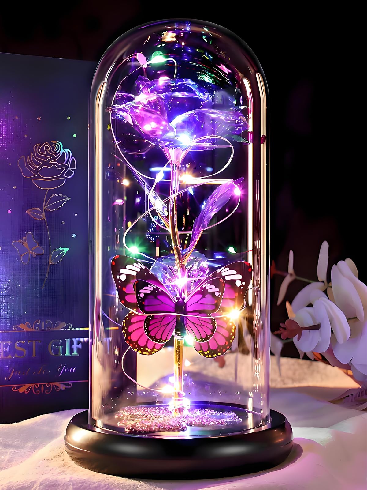 Valentines Day Birthday Gifts for Her Women Purple Rose Eternal Flower Light Up Rose in Glass Dome with Butterfly, Valentine's Flowers Gifts for Her Wife Mom Girlfriend Delivery Prime Anniversary