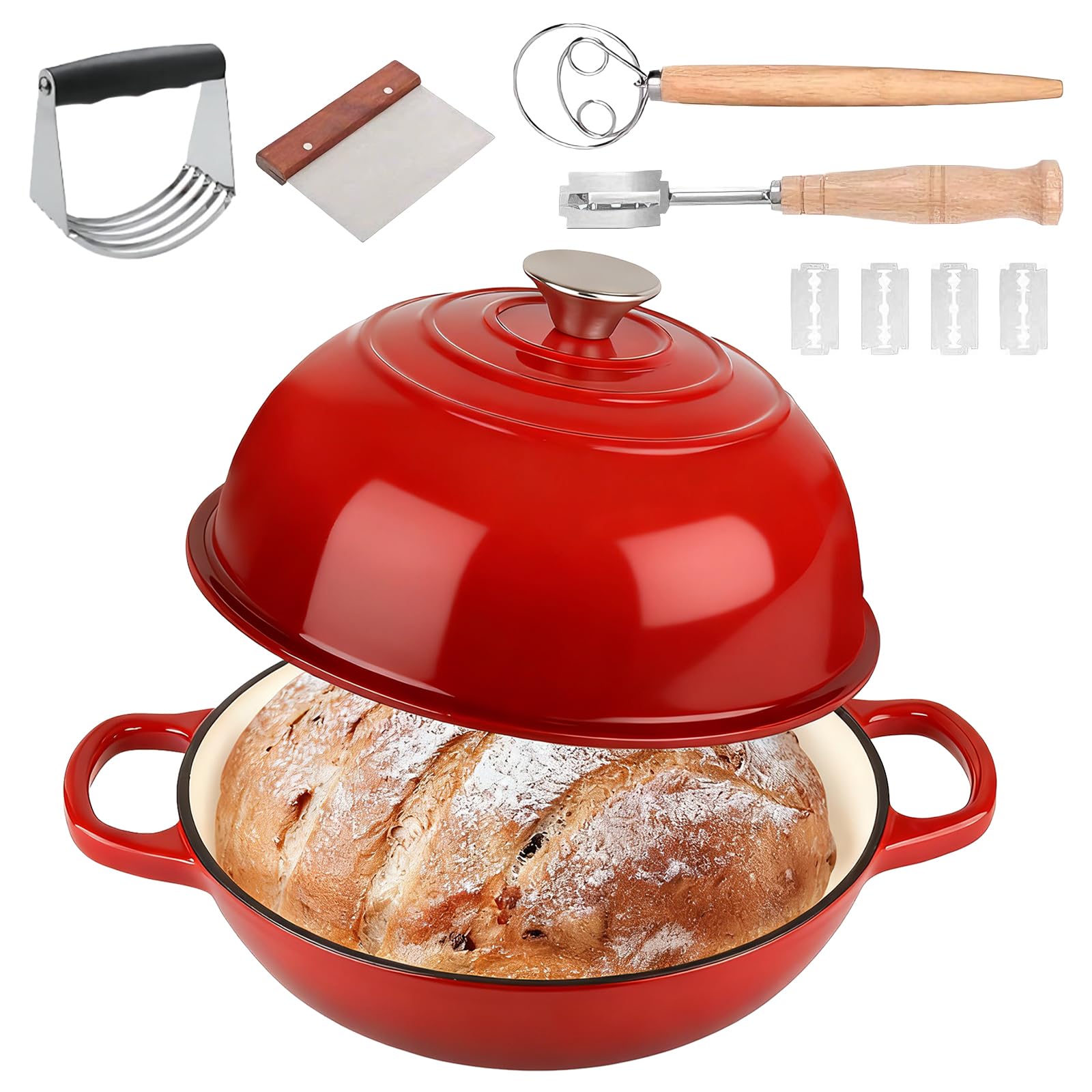 Pentola in Ghisa Smaltata 5,7L Ovale, Dutch Oven 26 cm con Coperchio, Manici in Legno e Kit Pane, Adatta a Forno fino a 260°C e Tutti i Piani Cottura