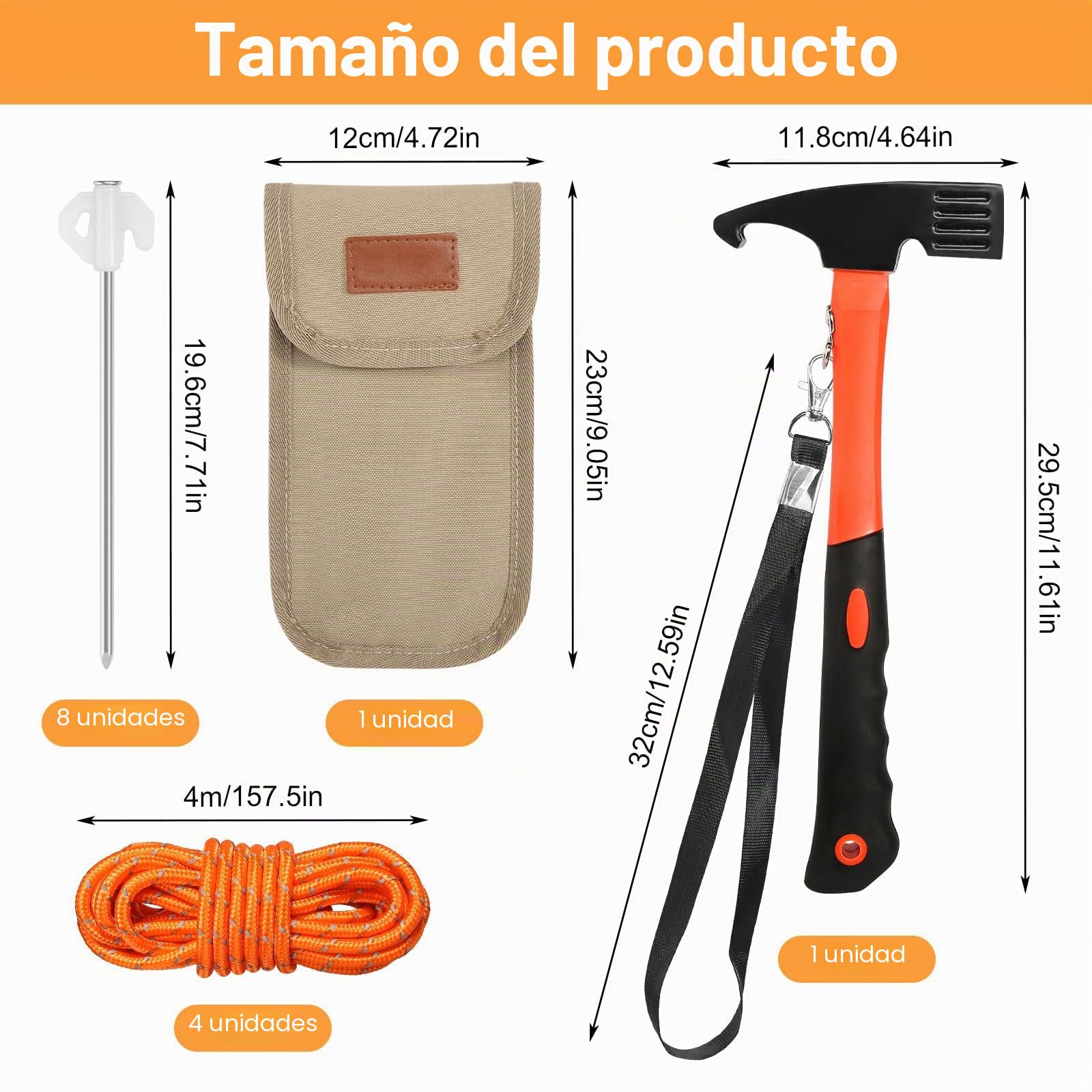 8 piquetas luminosas para tienda de campaña con martillo de camping multifunción y 4 unidades de 4 m reflectantes cuerdas tensoras y estacas bolsa de almacenamiento, accesorios para camping al aire