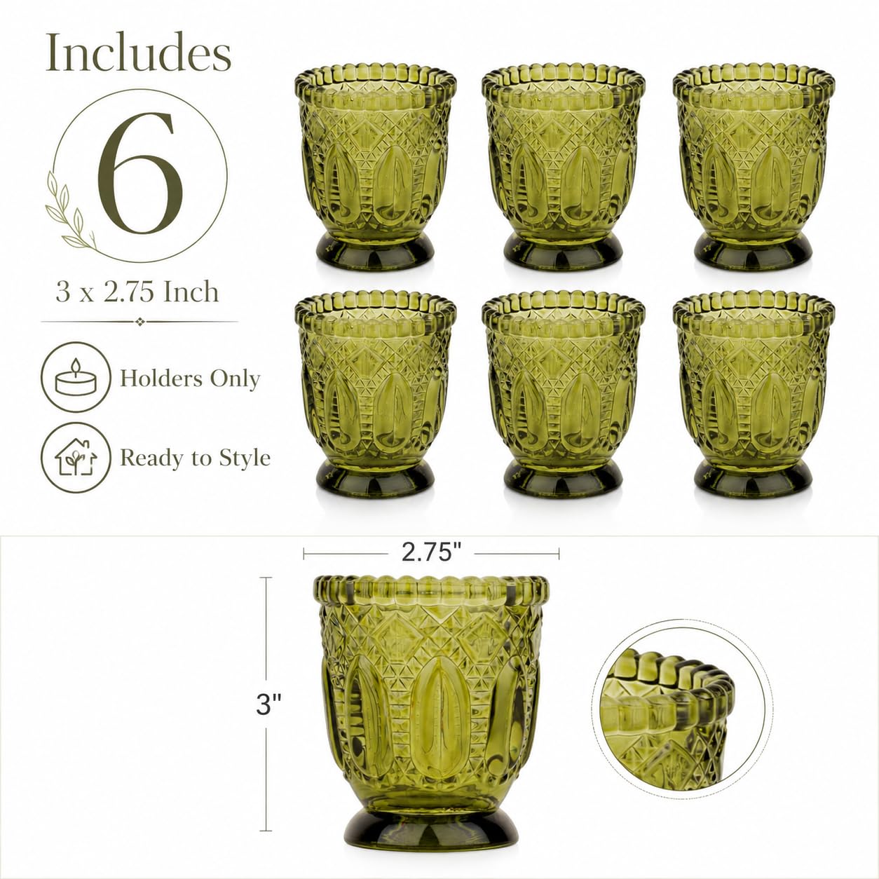 Koyal Wholesale Szklany świecznik w stylu vintage, 6 sztuk, 3 x 2,75 (oliwkowy zielony)