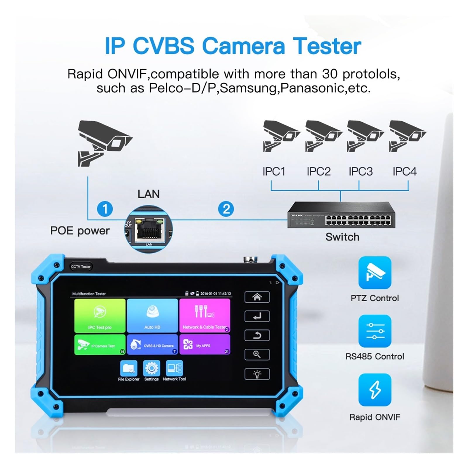 Tester per telecamera CCTV, monitor da 5,4 pollici 8 MP, telecamera IP AHD CVI TVI CVBS, display HD 4K, touch screen IPS, test di rete per sistemi di sorveglianza