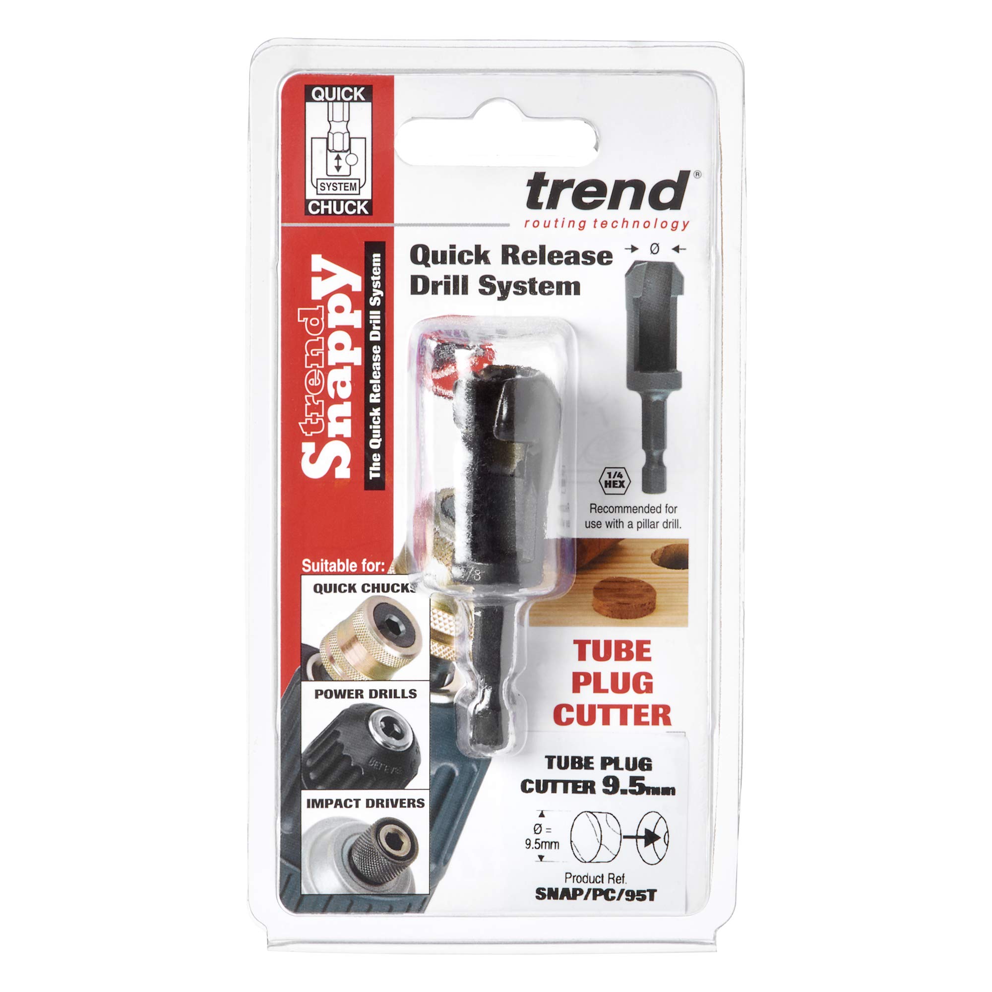 Trend Snappy Cortador de Tapones de Tubo de 9,5mm para Maderas Duras y Blandas, Acero para Herramientas, Compatible con Sistema de Liberación Rápida, SNAP/PC/95T