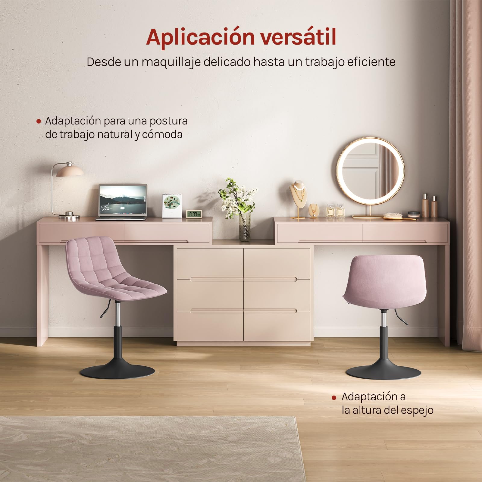 WOLTU Taburete Tocador con Respaldo, Altura Ajustable, Silla Maquillaje, con Reposapiés y Base Metalicas, Chenilla, Blanco