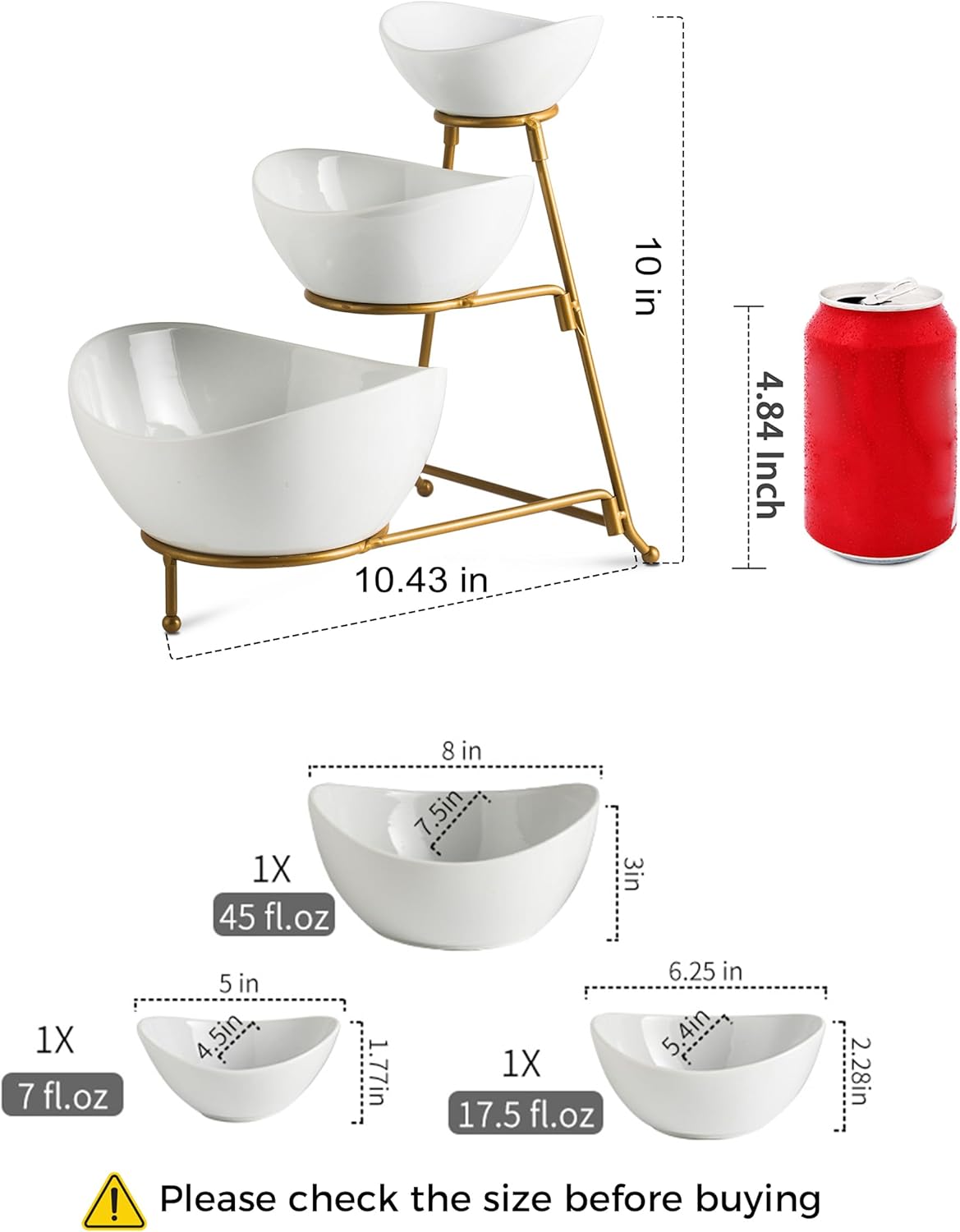 YHOSSEUN 3 Tier Serving Stand Oval Serving Bowl with Metal Rack, Tied Serving Bowls Food Display Dessert Appetizer, Chip and Dip Serving Bowl Set for Parties, Gold-45oz / 17.5oz / 7oz