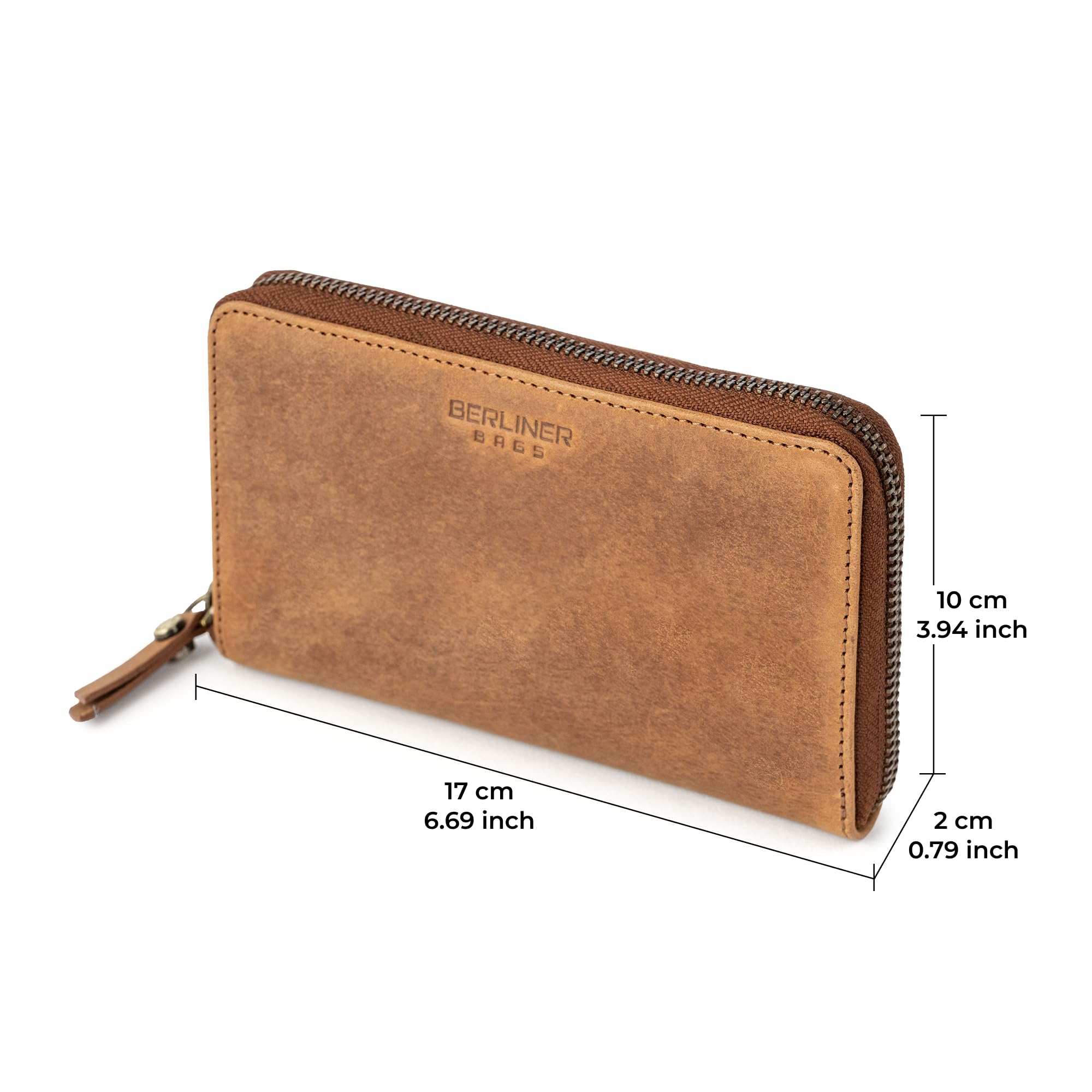 Berliner Bags Vintage Geldbörse Greta, Großes Damen Portemonnaie aus Leder, Brieftasche Geldbeutel mit RFID-Schutz, umlaufendem Reißverschluss & Münzfach für Damen – Braun