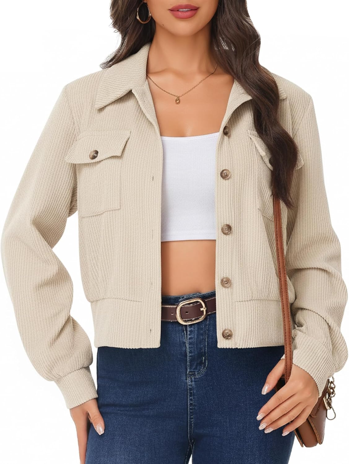 Simlakey Women Cropped Corduroy Shacket Casual Button Down Jacket Long Sleeve Fashion 2025 Trendy Collared Outfit Fall Winter