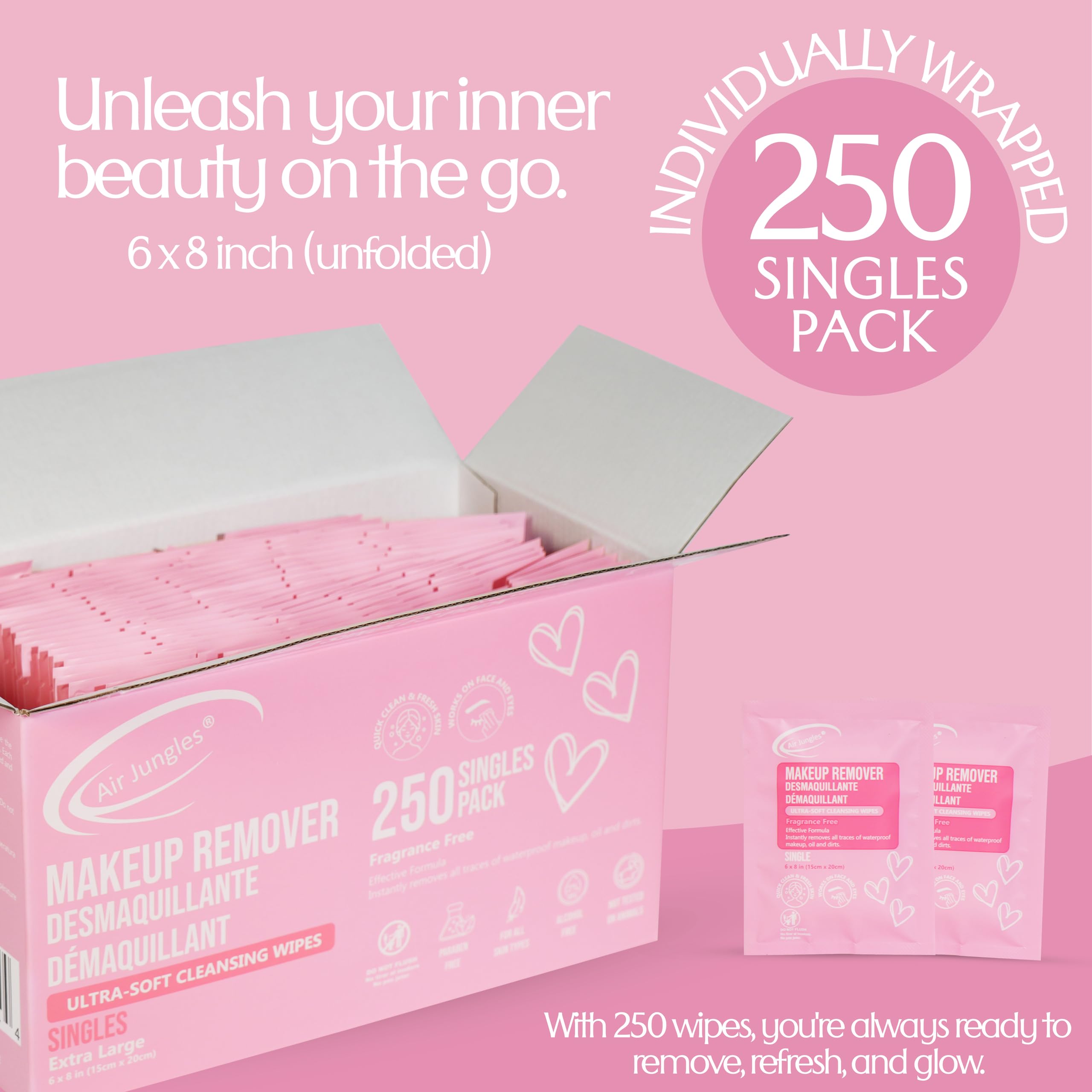 Toallitas removedoras de maquillaje, 250 unidades a granel, envueltas individualmente, toallas faciales extra grandes de 6 x 8 pulgadas, sin fragancia, sin alcohol, eliminan el maquillaje 4